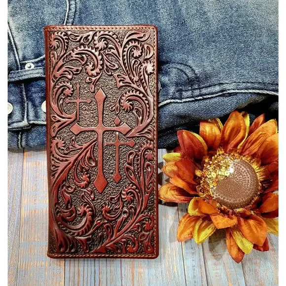 Cross Western Wallet Rodeo Cowboy Religious Real Leather bifold Brown Wa… - Picture 2 of 10